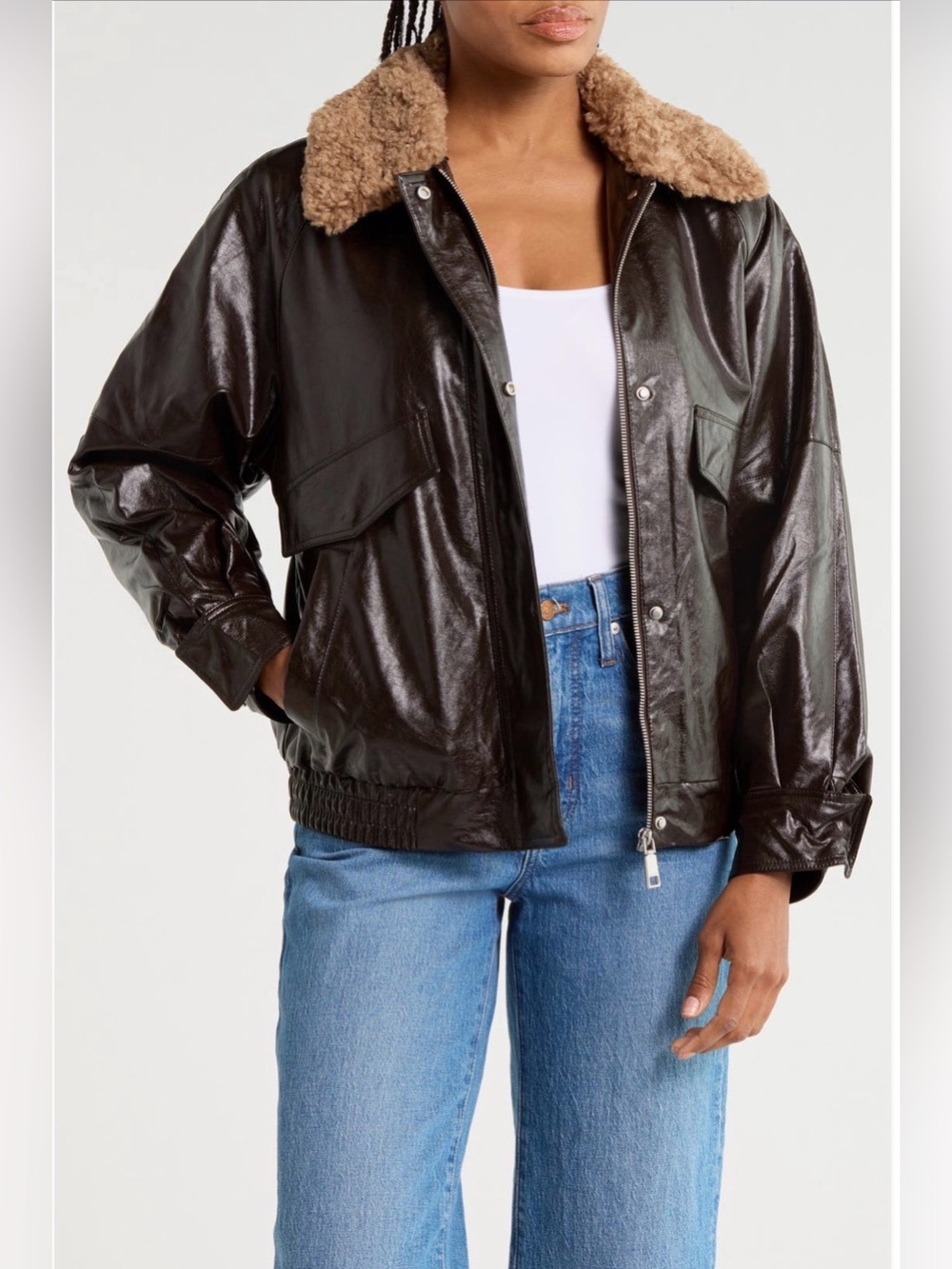 Rebecca Minkoff
Faux Leather Bomber
Jacket with Faux Shearling Collar NEW